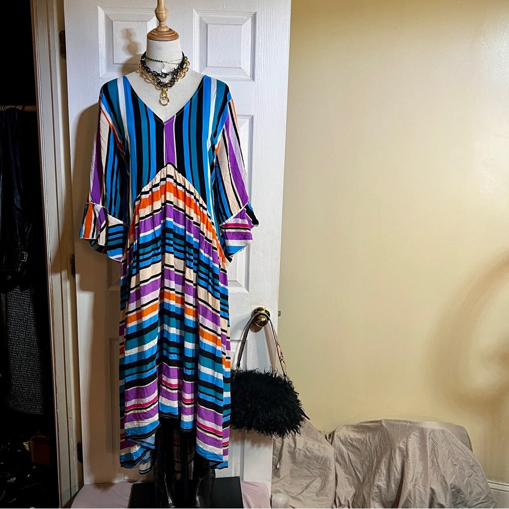 New Loralette‎ Wms Multicolor Stripe Pleated Tie  Asymmetric Midi Boho Dress 22